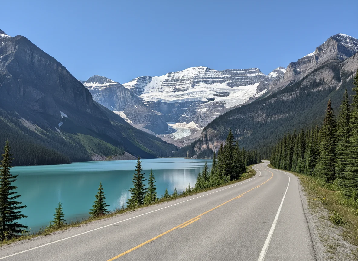 Icefields Parkway beside turquoise Bow Lake and glaciers