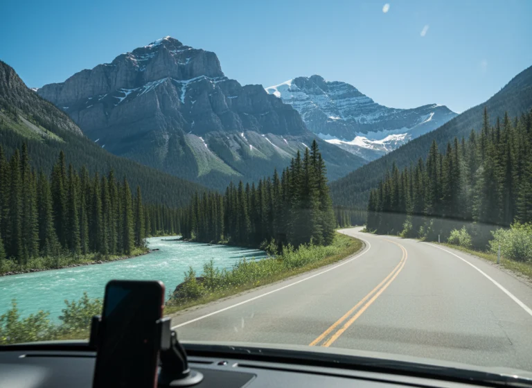 Icefields Parkway winding through the Canadian Rockies
