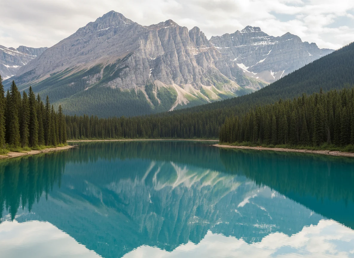 Turquoise mountain lake and peaks in Jasper National Park