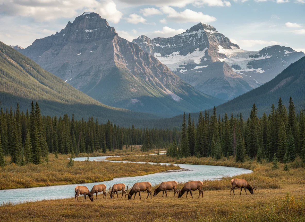 Elk grazing in a mountain valley in Jasper National Park
