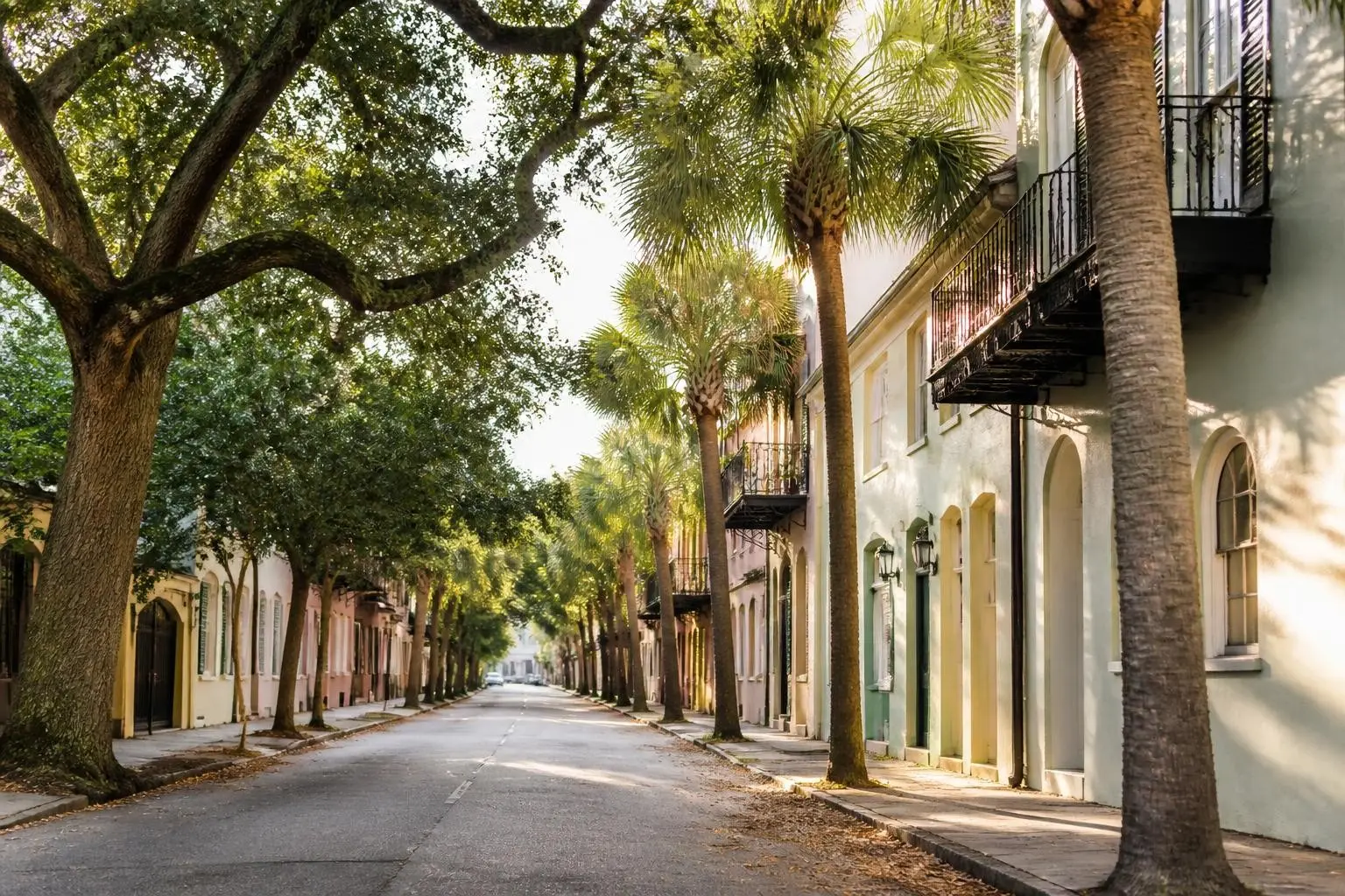Pastel historic homes on a quiet Charleston South Carolina street