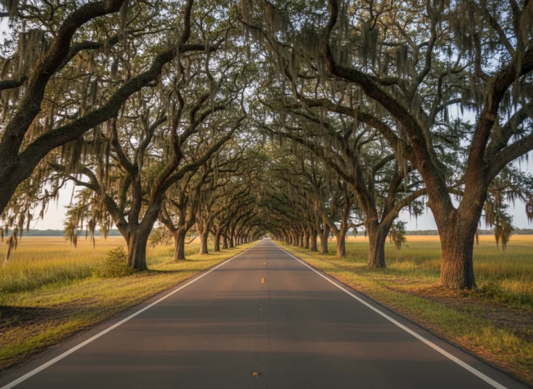 Live oak lined Lowcountry road between Charleston and Savannah