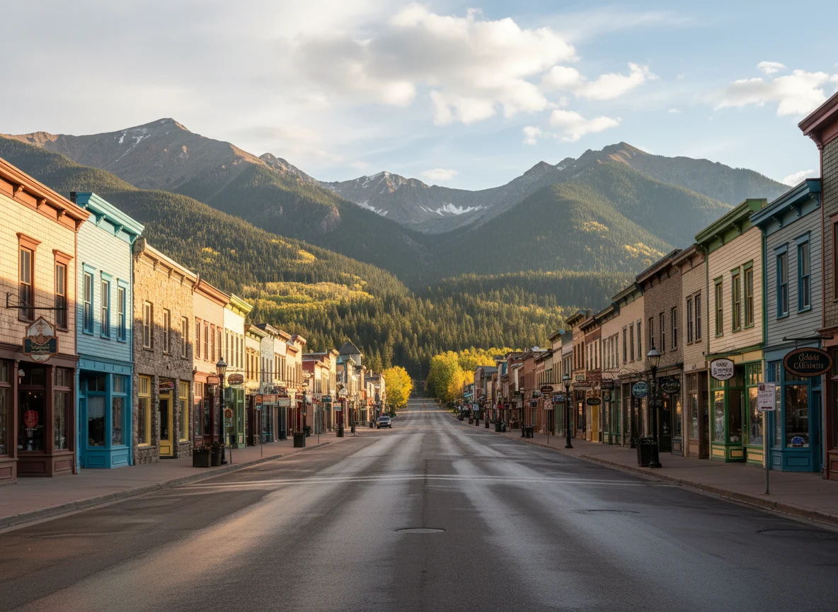 Historic Main Street in Breckenridge with mountains beyond