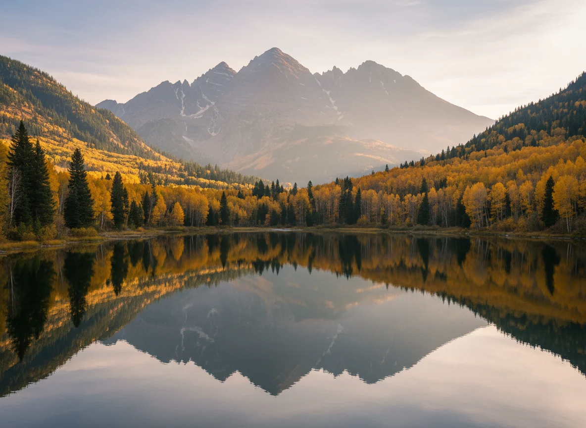 Maroon Bells reflected in an alpine lake near Aspen