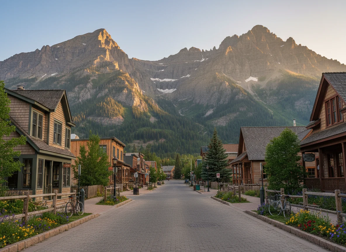 Quiet Telluride street leading toward dramatic mountain peaks