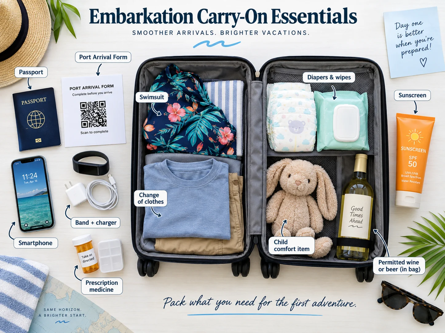 Cruise embarkation carry-on with passports, travel documents, phone, wristband charger, medicine, swimsuit, sunscreen, child supplies, and a change of clothes.