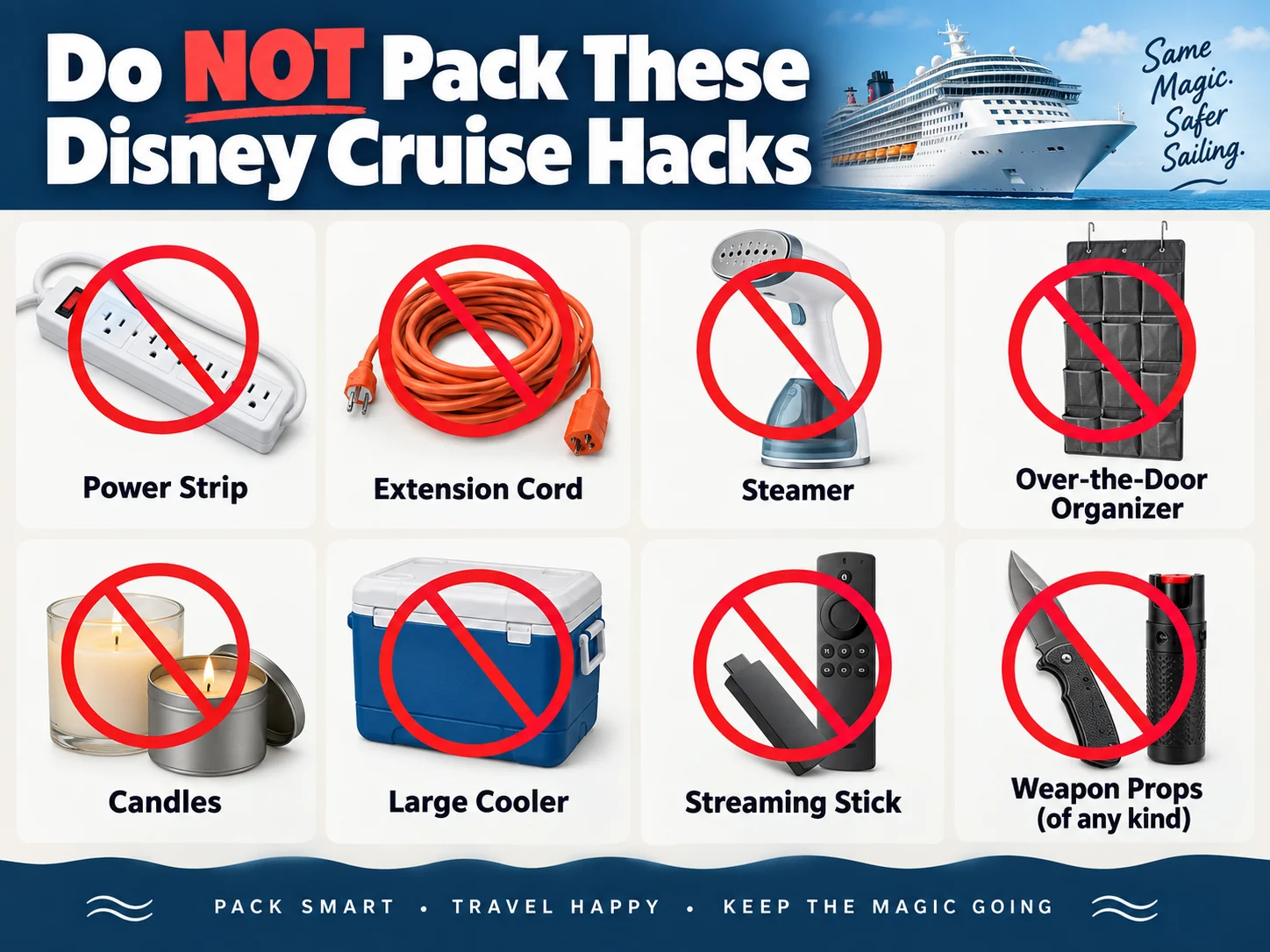 Visual guide showing common items not to pack for a Disney cruise, including a power strip, extension cord, steamer, door organizer, candles, cooler, and streaming device.