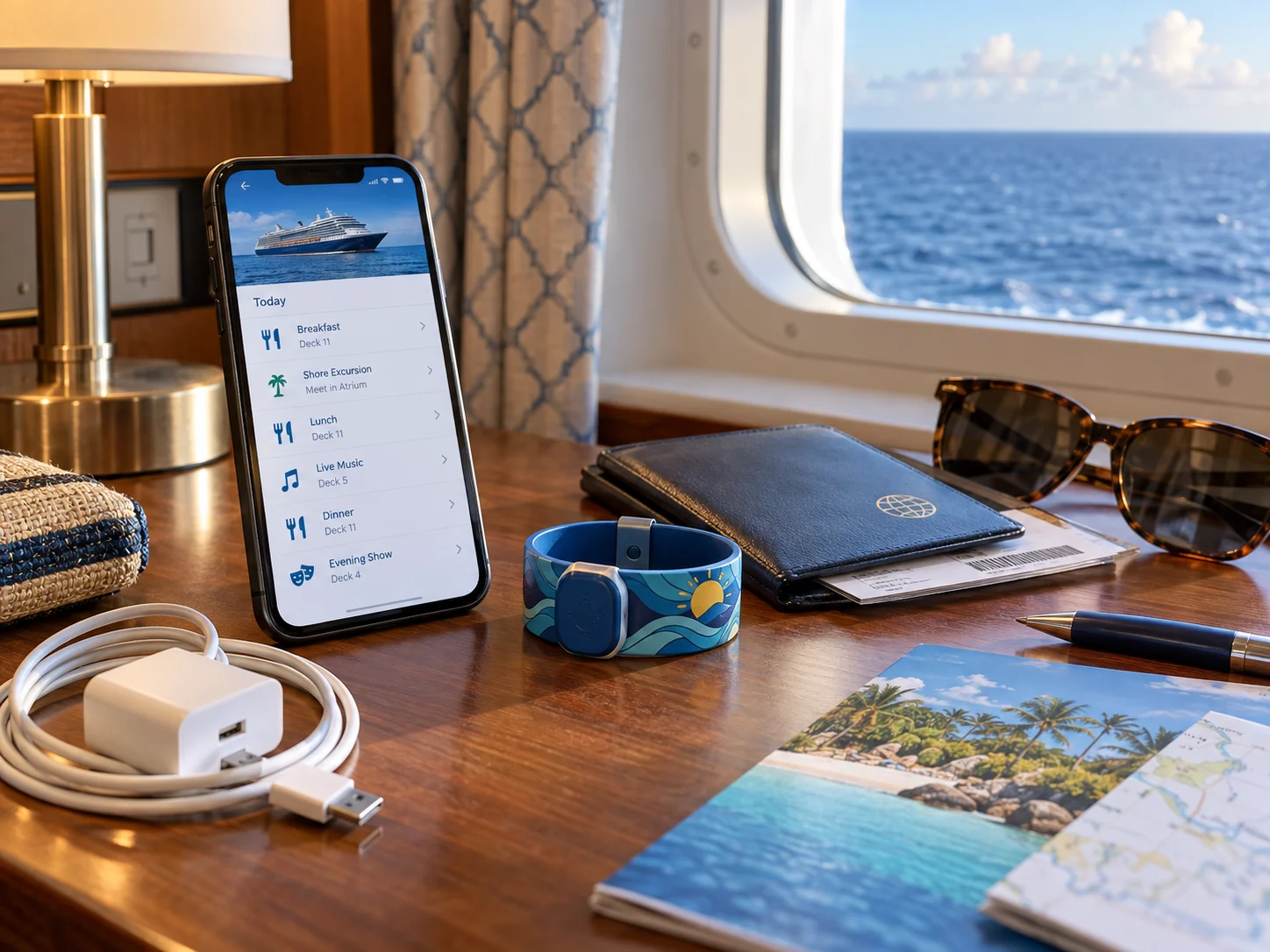 Smartphone with a generic cruise schedule beside a room-access wristband, charger, passport wallet, sunglasses, and travel papers.