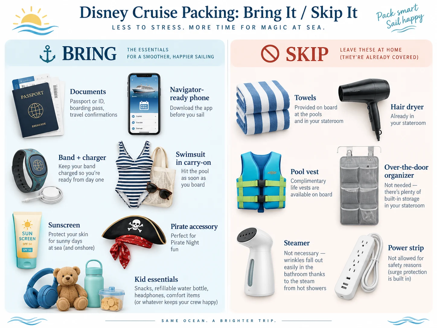 Visual guide comparing Disney cruise packing essentials to items travelers can leave at home.