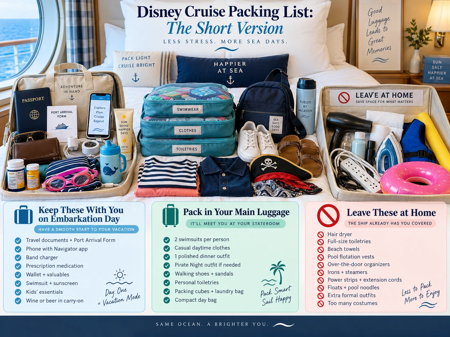 Disney cruise packing visual showing embarkation-day essentials, main-luggage items, and things to leave at home.