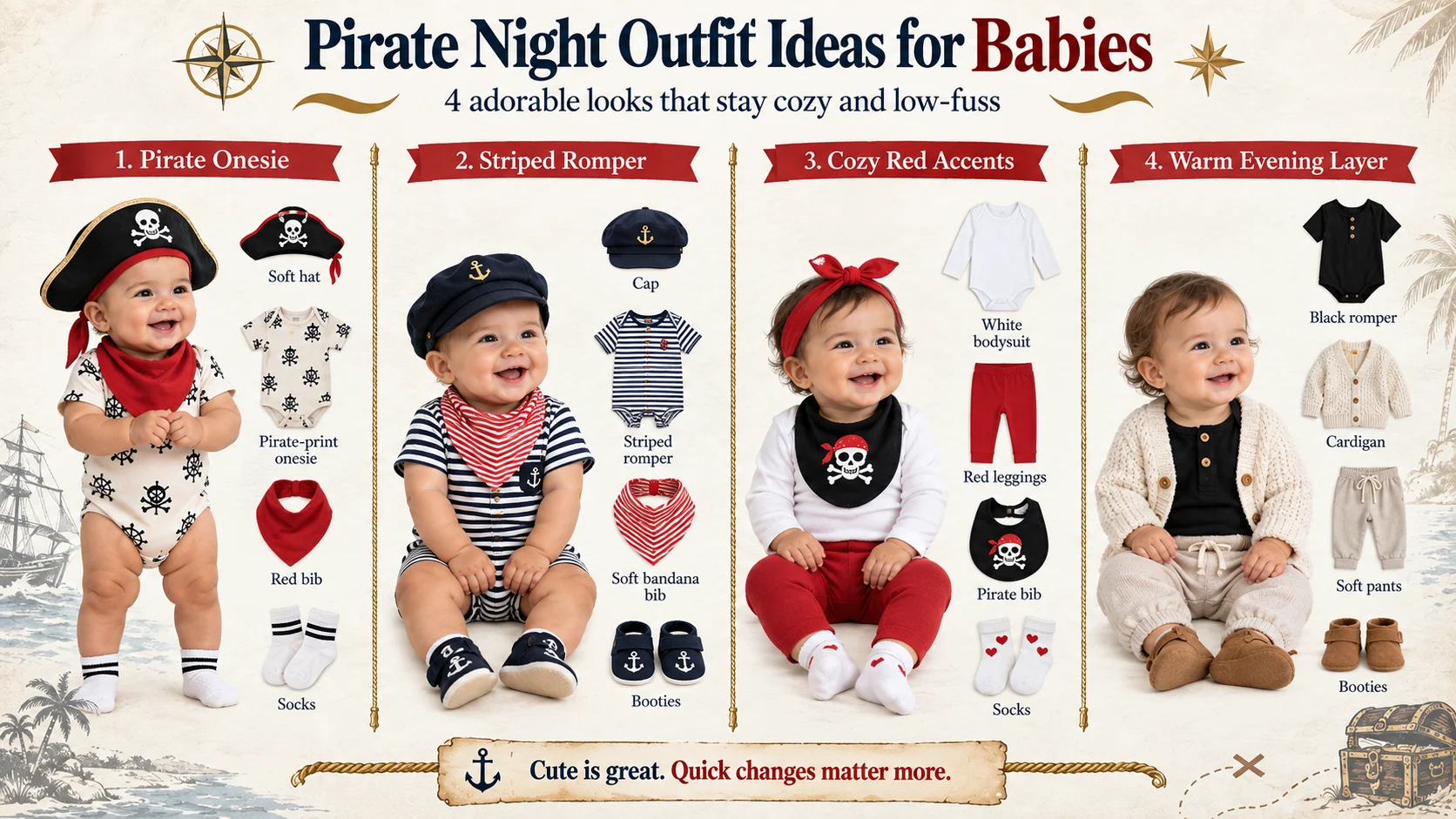Four cozy Disney Cruise Pirate Night outfit ideas for infants, including onesies, rompers, red accents, and warm layers.