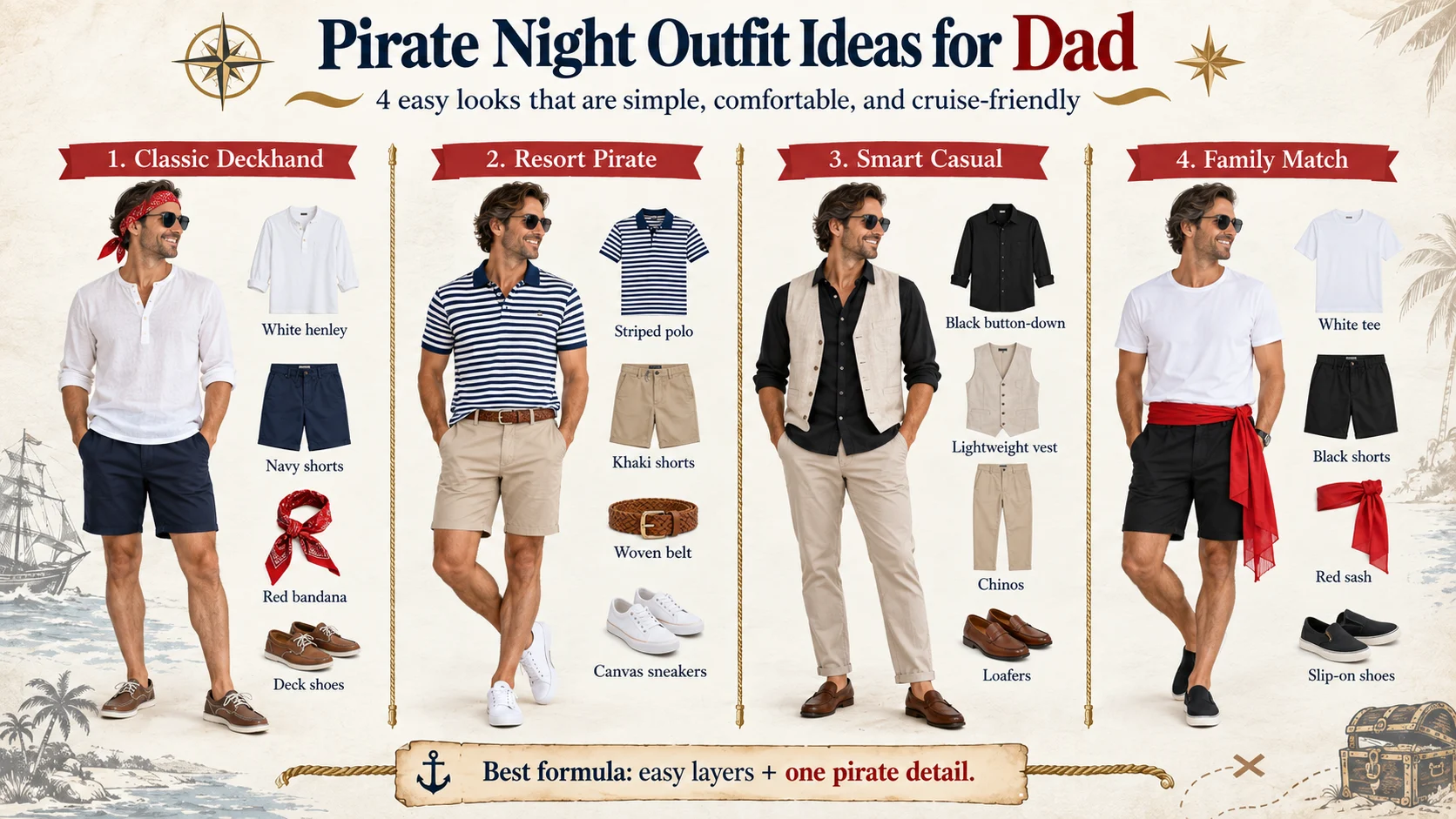 Four Disney Cruise Pirate Night outfit ideas for dads, including casual deck, resort, smart-casual, and matching-family looks.