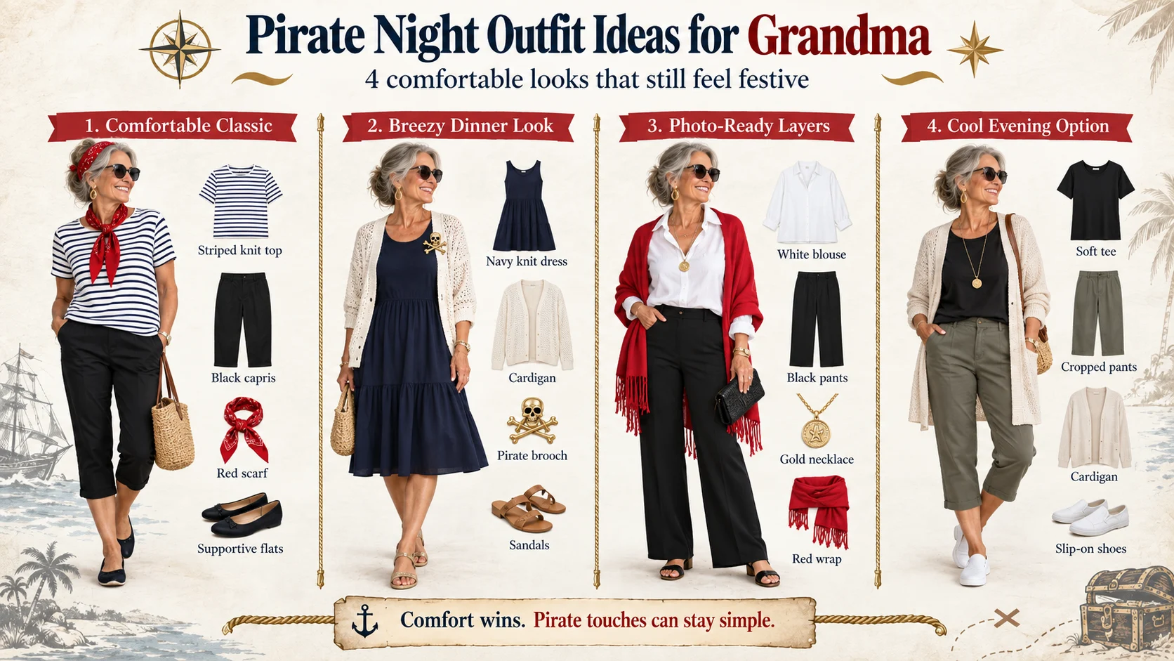 Four comfortable Disney Cruise Pirate Night outfit ideas for grandmas, including striped, dinner, layered, and cool-evening looks.