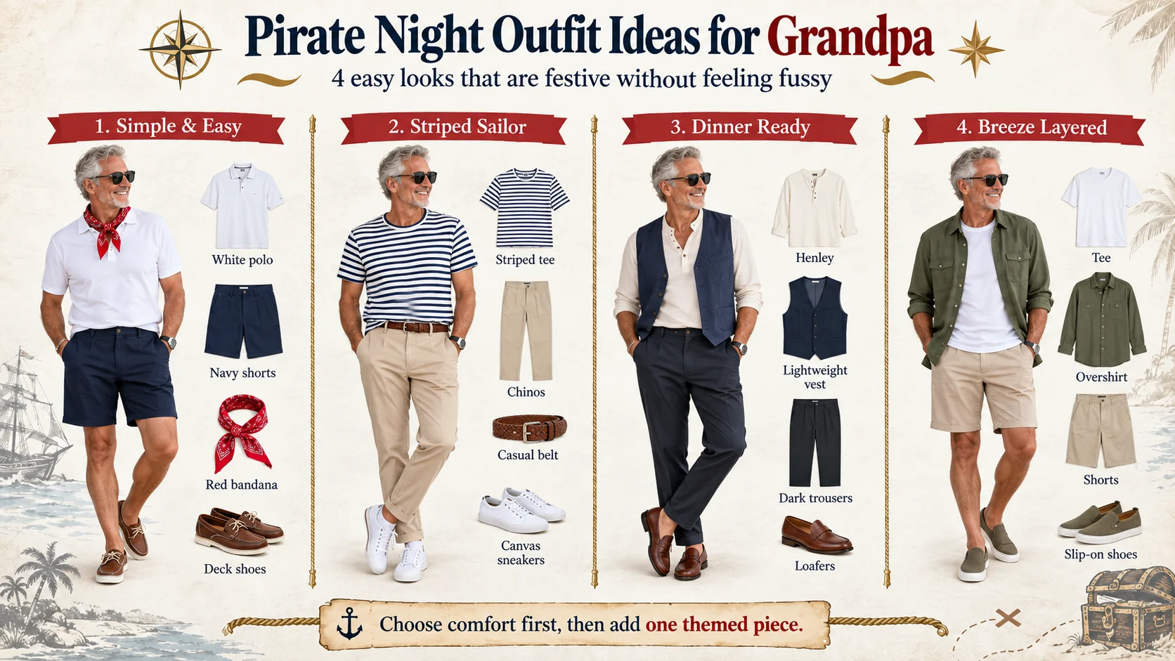 Four comfortable Disney Cruise Pirate Night outfit ideas for grandpas, including simple, striped, dinner-ready, and layered looks.
