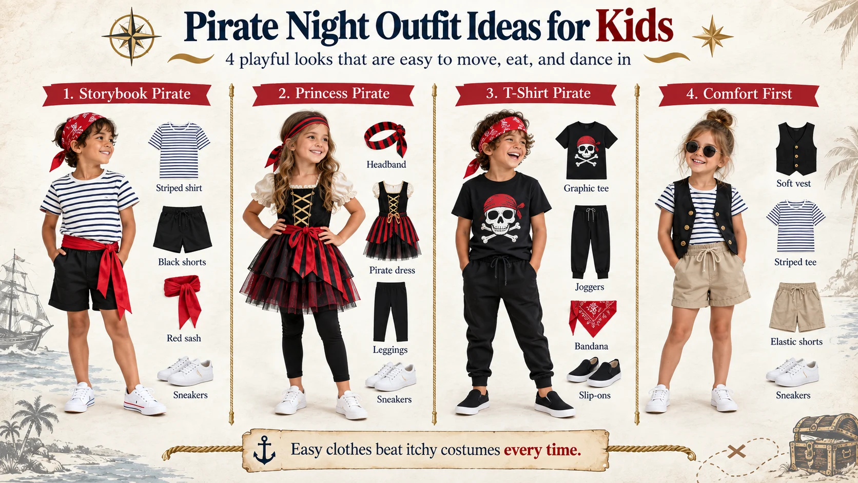Four Disney Cruise Pirate Night outfit ideas for kids, including storybook, princess pirate, T-shirt, and comfort-first looks.
