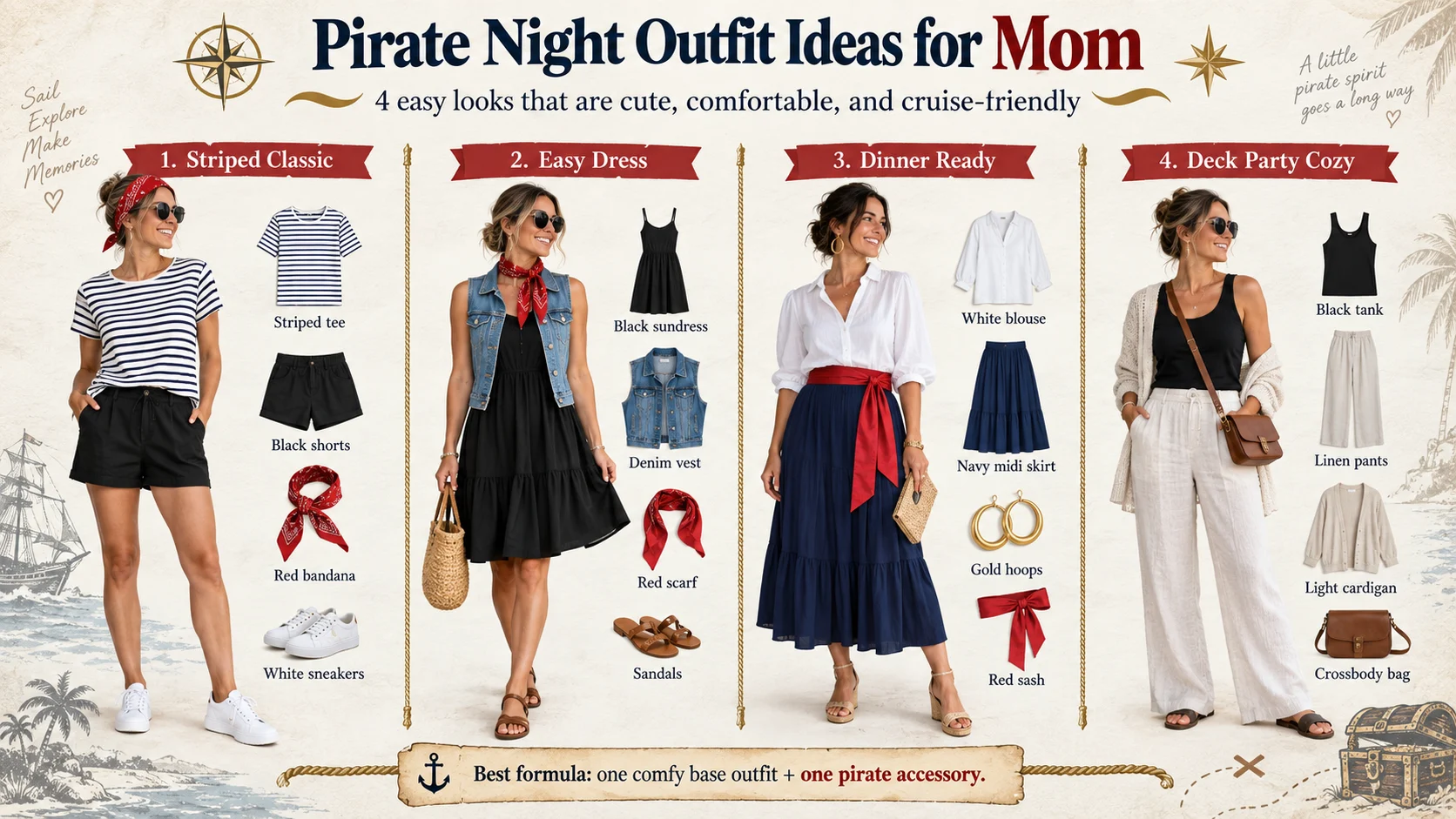 Four Disney Cruise Pirate Night outfit ideas for moms, including striped, dress, dinner-ready, and cozy deck-party looks.