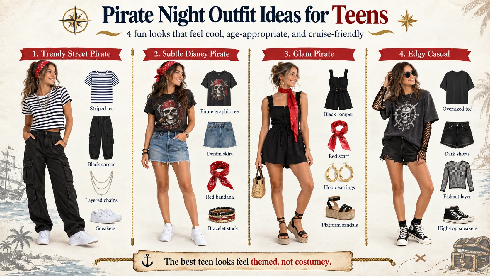 Four Disney Cruise Pirate Night outfit ideas for teens, including street, subtle pirate, glam, and edgy casual looks.