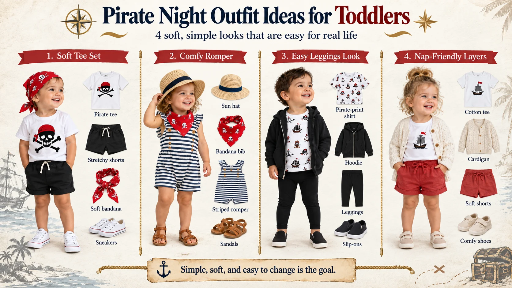 Four soft and practical Disney Cruise Pirate Night outfit ideas for toddlers, with easy layers and comfortable shoes.