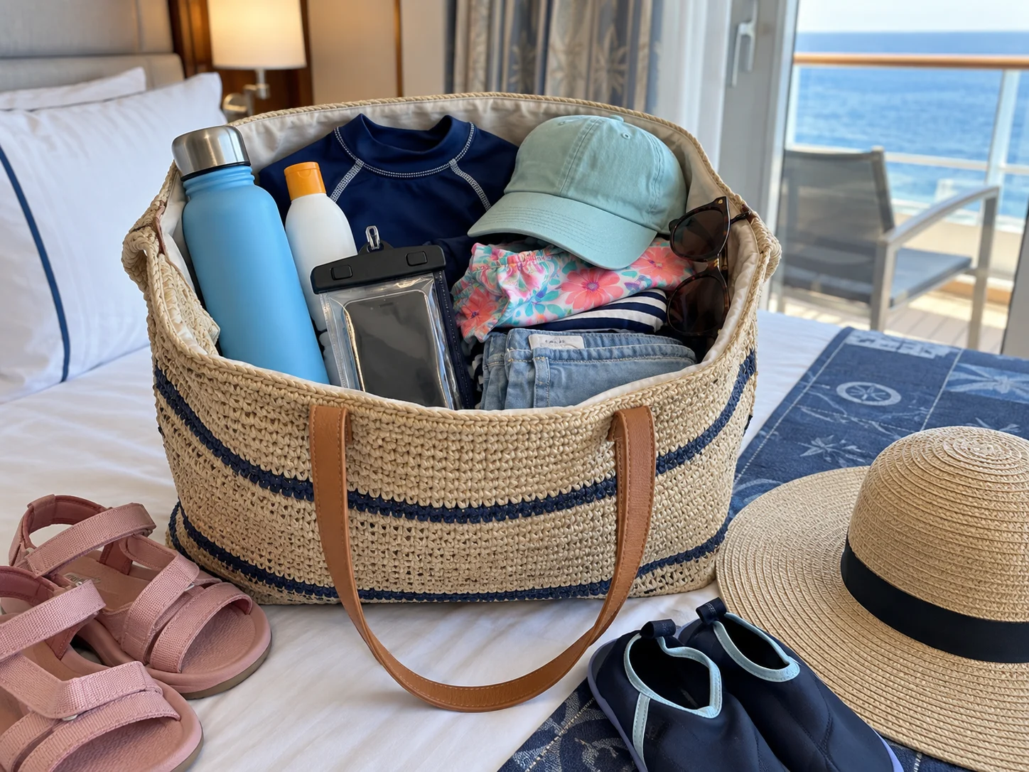 Beach day bag packed with sunscreen, rash guard, sun hat, refillable water bottle, waterproof phone pouch, sunglasses, child clothes, and water shoes.