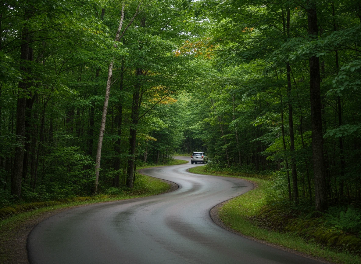 Curving tree-lined road near the northern tip of Door County Wisconsin
