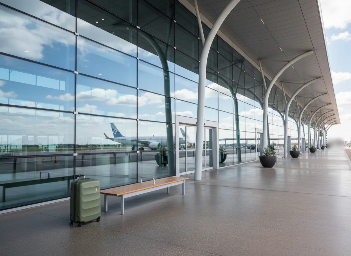 Airport terminal with airplane and rolling suitcase