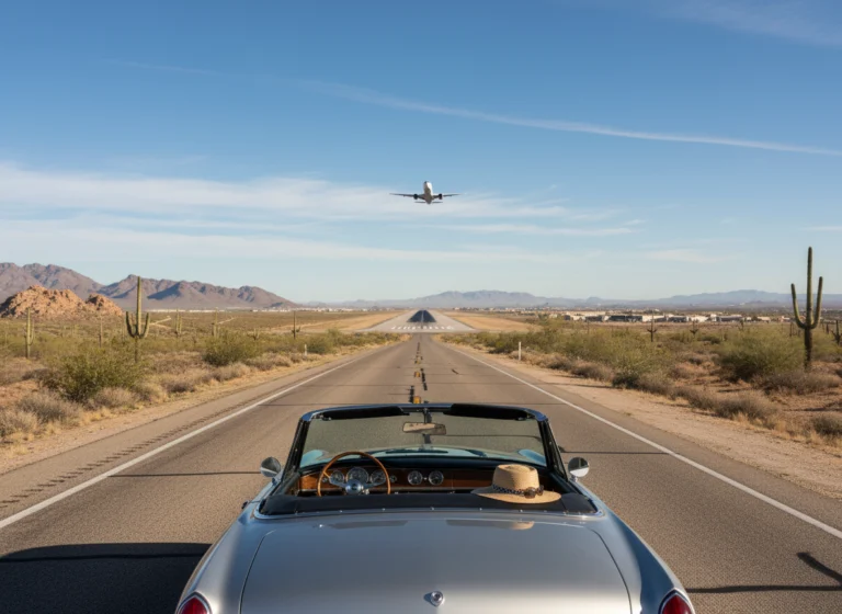 Car on a highway with an airplane taking off in the distance
