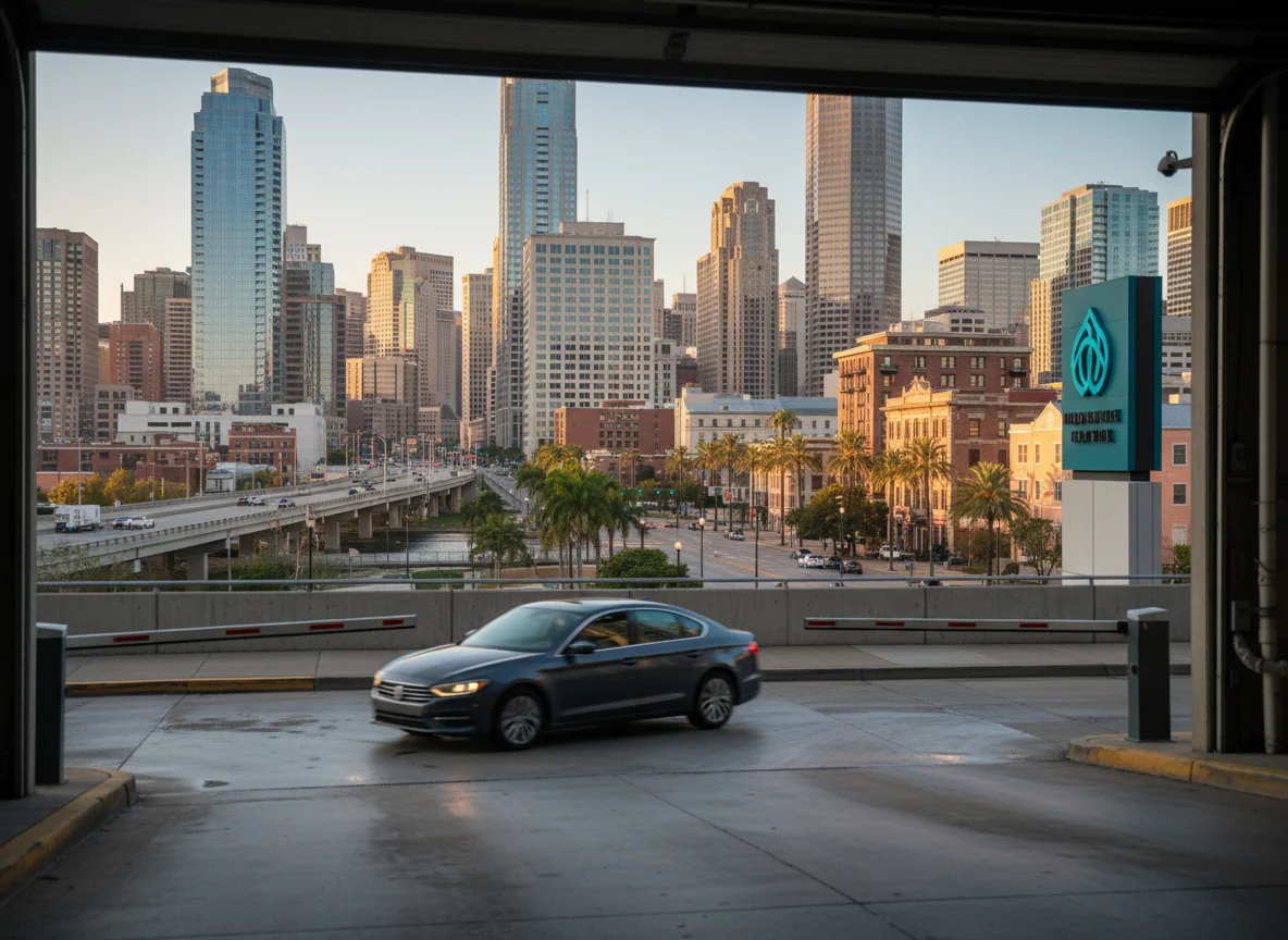 Car approaching a downtown hotel parking garage