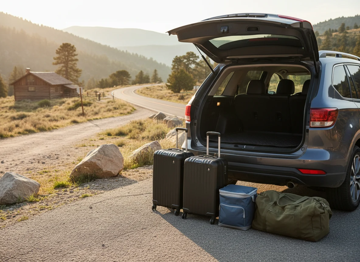 Vacation luggage arranged beside an open car trunk