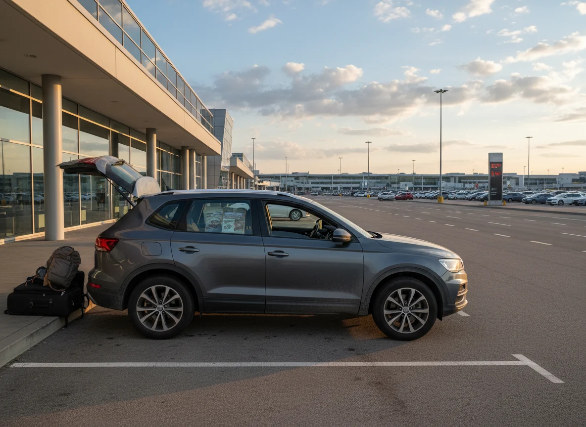 Rental car parked outside an airport rental center