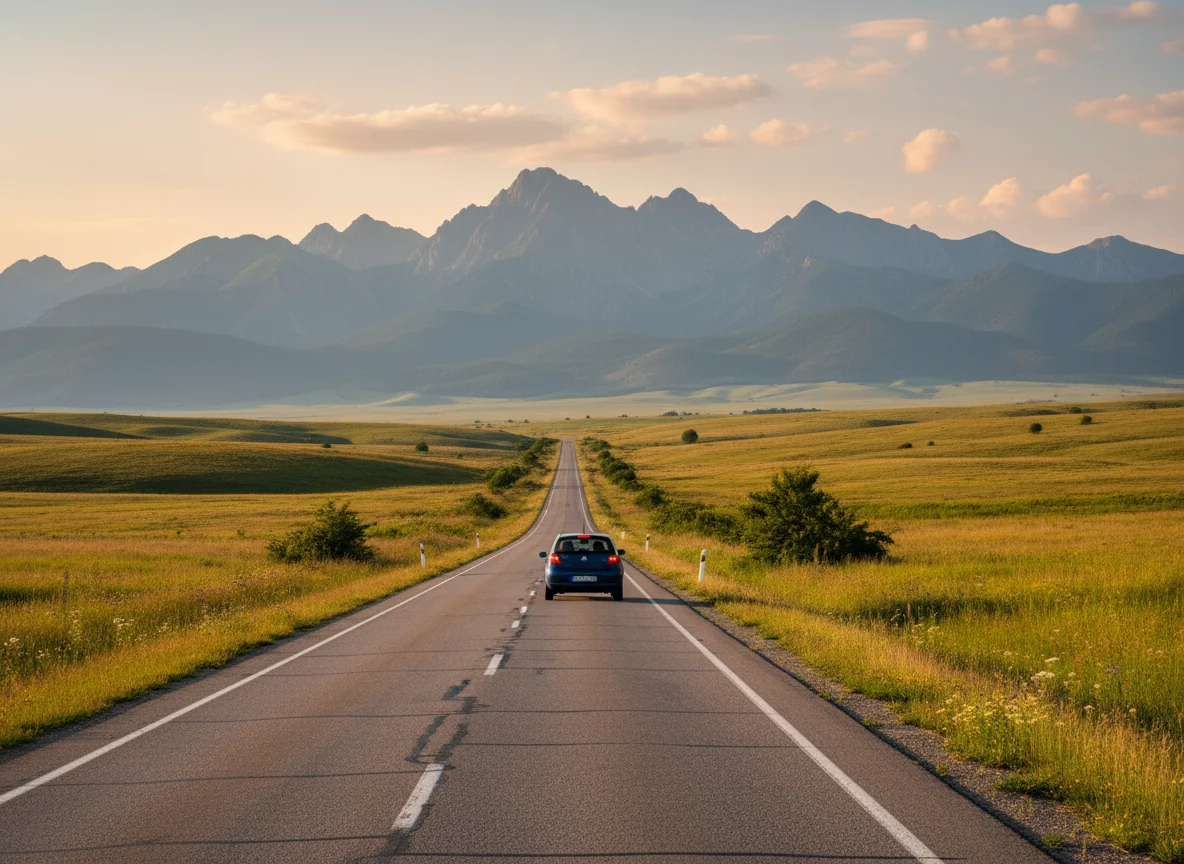 Car driving on an open highway toward distant mountains