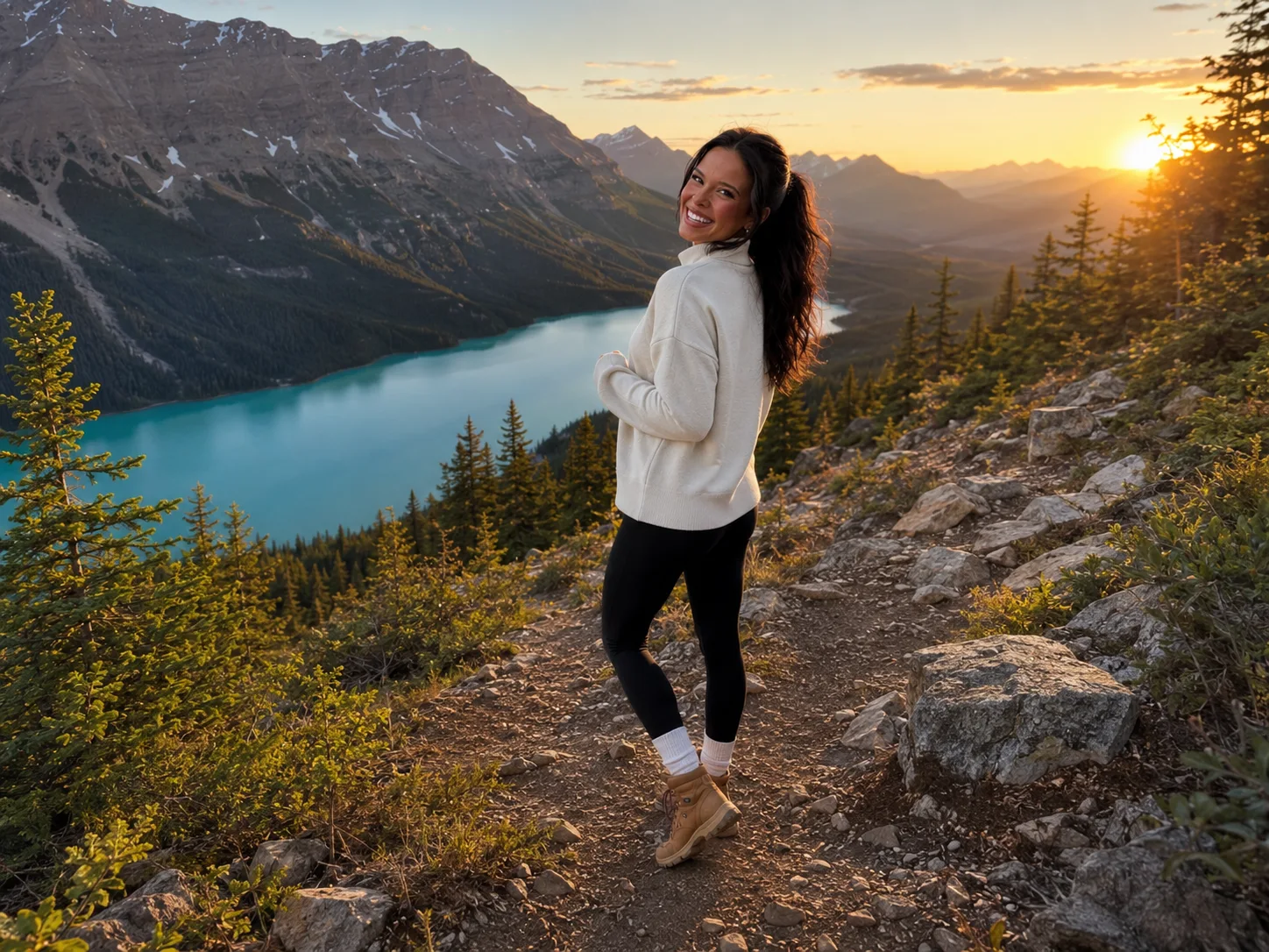 Ellie Simons hiking above a turquoise mountain lake at sunset