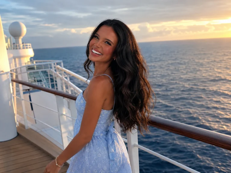 Ellie Simons on a cruise ship deck at sunset