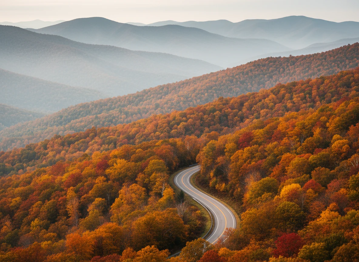 Blue Ridge Parkway curving through colorful Appalachian fall foliage
