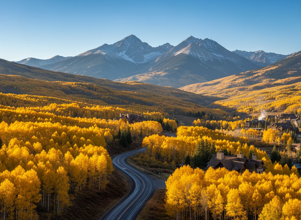 Colorado mountain road through golden aspens in fall