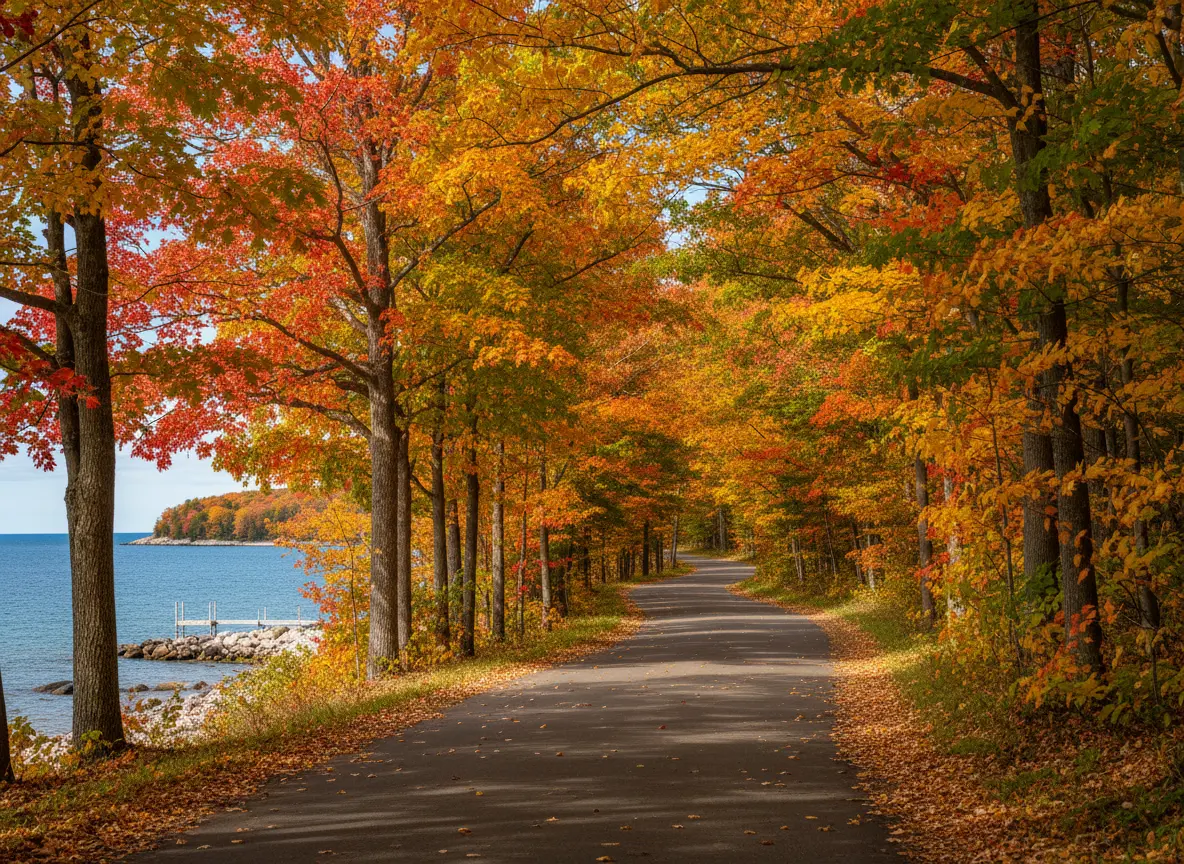 Northern Michigan road beneath colorful fall trees near Lake Michigan