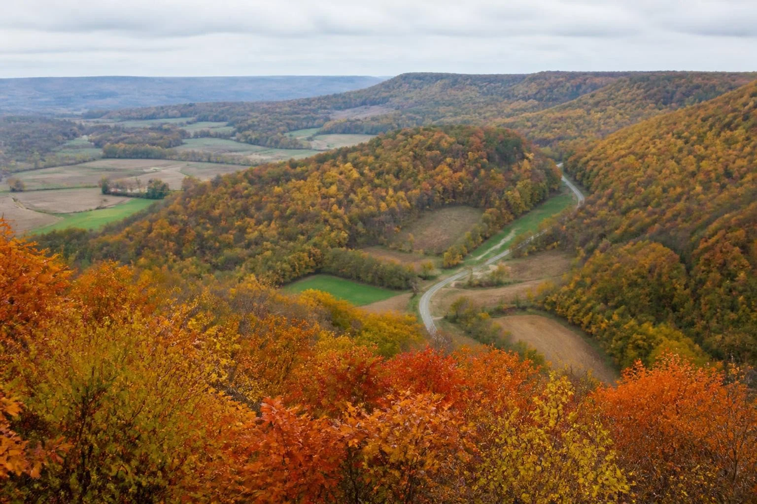 Winding road through Wisconsin's Driftless Area in autumn