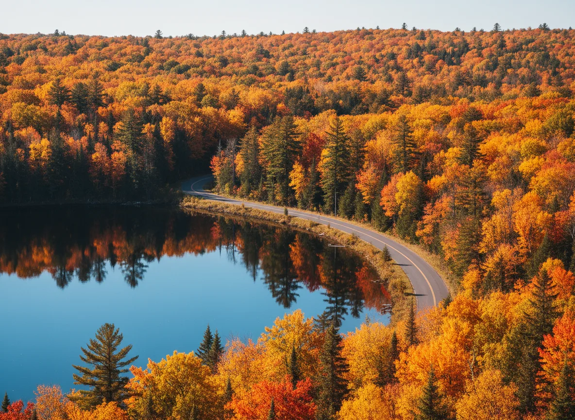 Wisconsin Northwoods lake surrounded by peak fall color