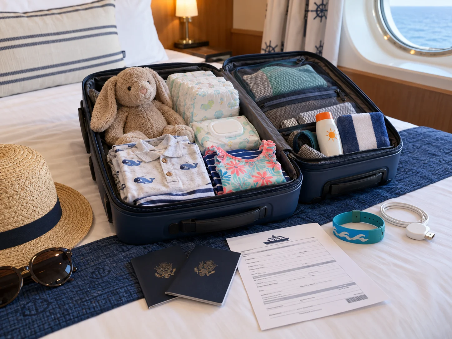 Family cruise suitcase with diapers, wipes, a stuffed animal, child clothes, swimsuit, sunscreen, passports, wristband, and charger.
