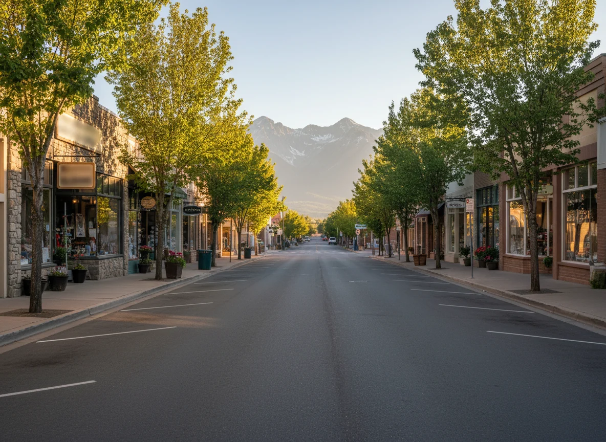 Peaceful small-town main street at golden hour