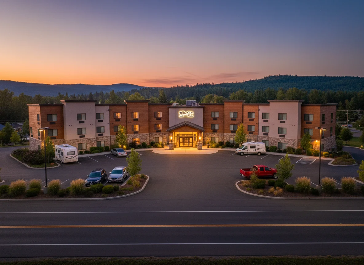 Well-lit roadside hotel and parking lot at dusk