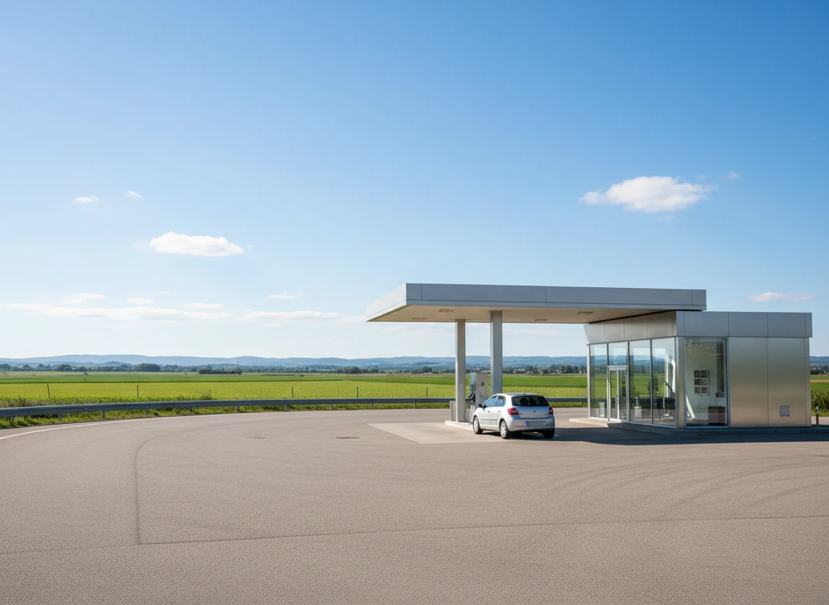 Car stopped for fuel at a quiet rural highway gas station