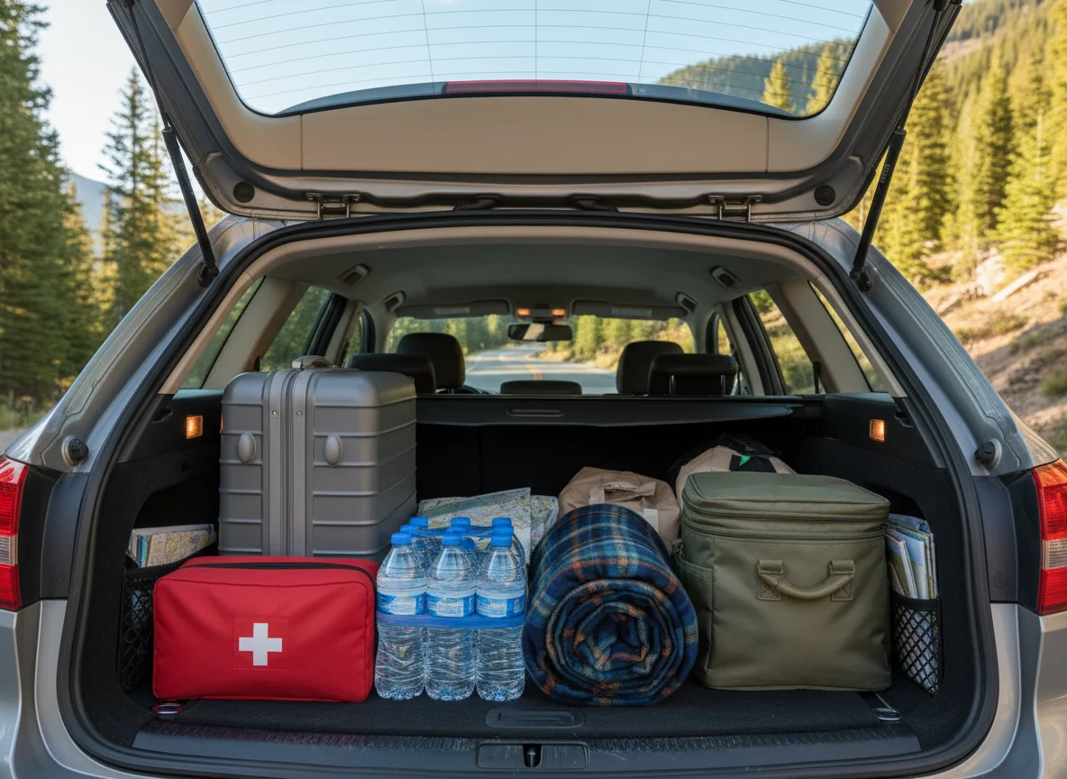 Car trunk packed with road trip luggage emergency kit and cooler