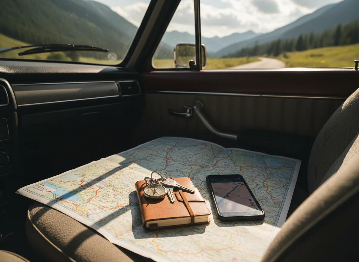 Road map notebook phone and car keys ready for route planning
