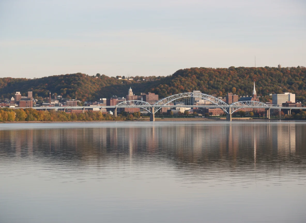 Dubuque Iowa and a bridge along the Mississippi River
