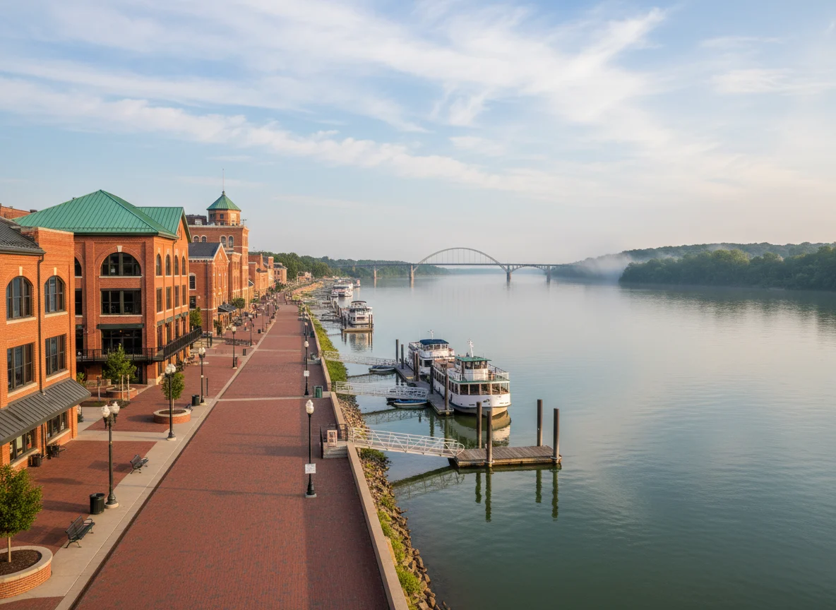 Quiet Mississippi River waterfront in Dubuque Iowa