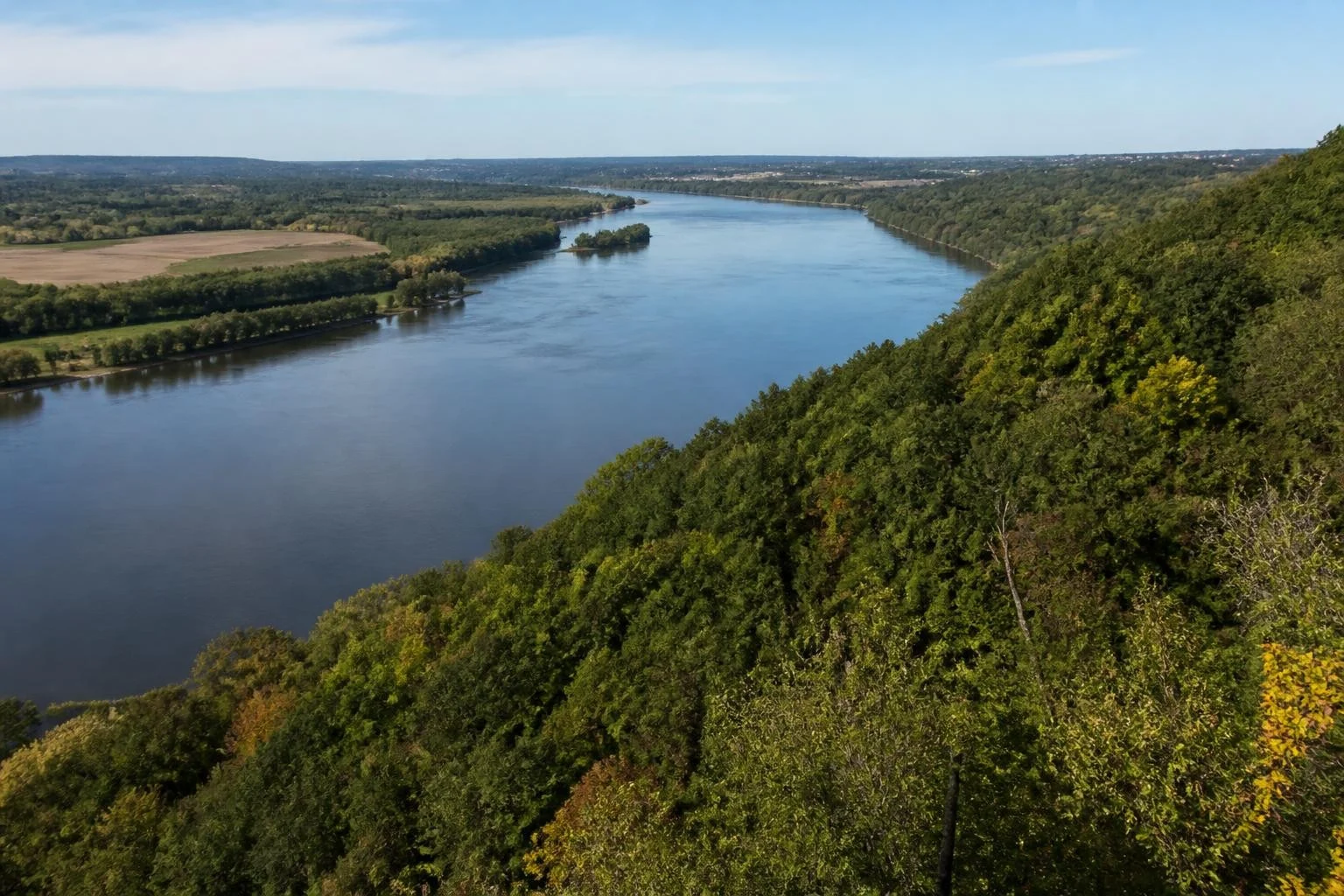 Mississippi River winding between green bluffs near Galena and Dubuque