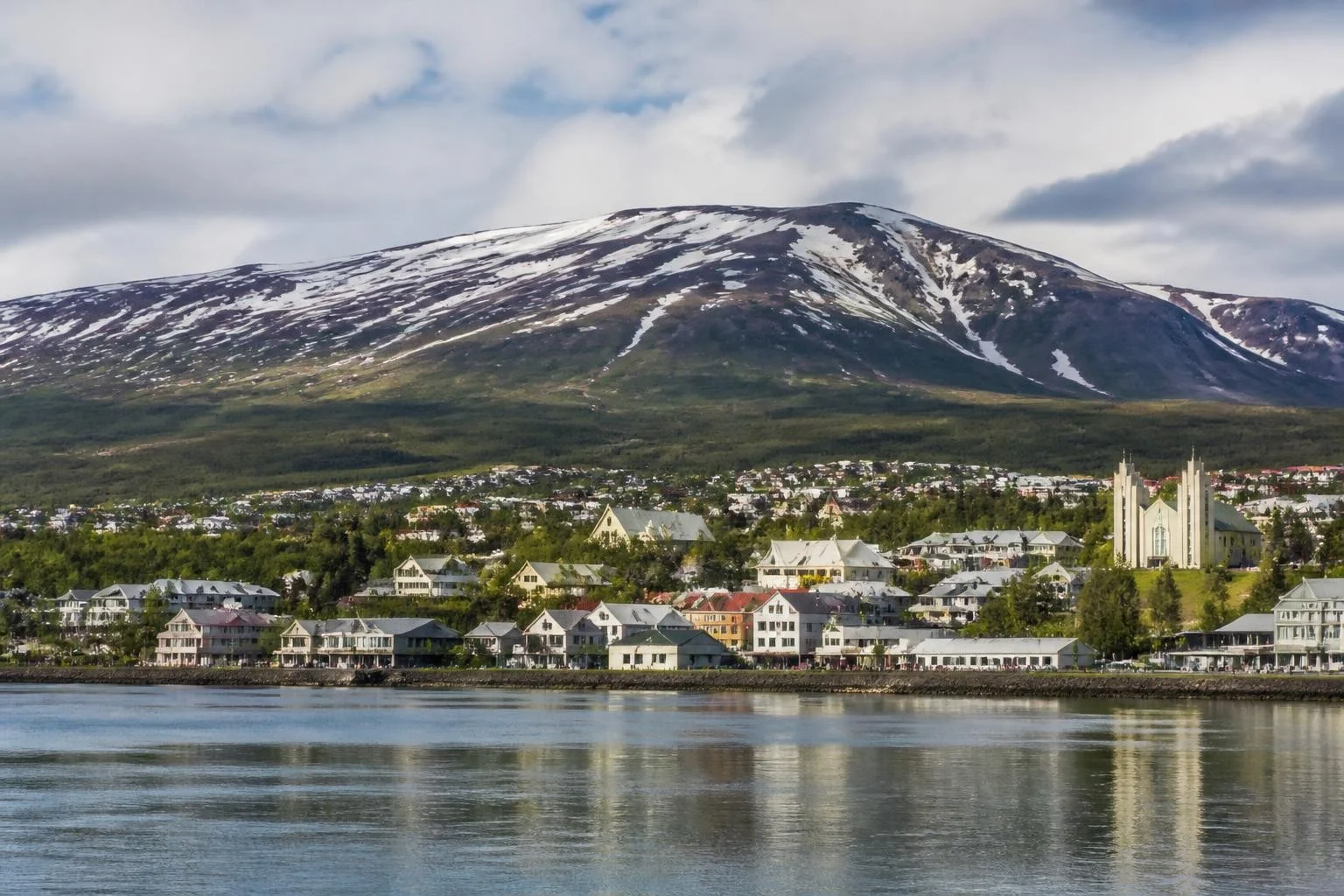 Akureyri beside a fjord and mountains in north Iceland