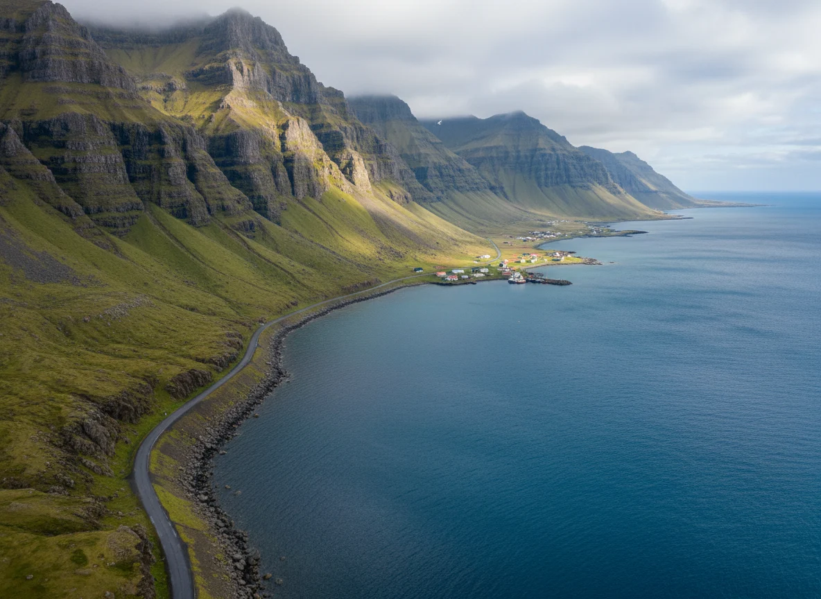 Coastal road through Iceland's Eastfjords beside steep mountains