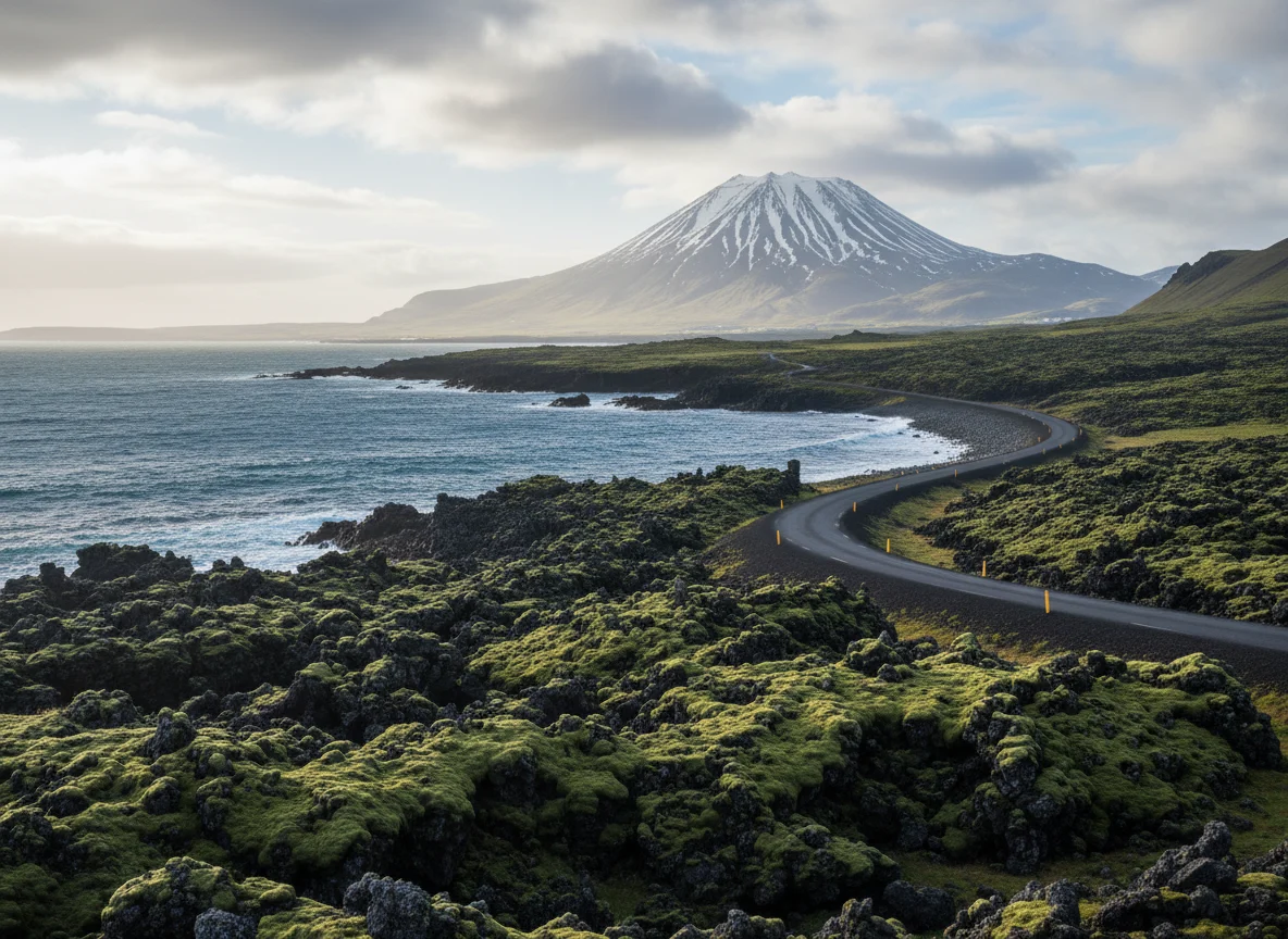 Coastal road beneath Snaefellsjokull volcano on Iceland's Snaefellsnes Peninsula