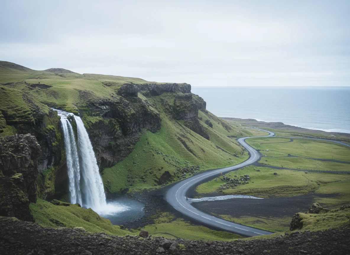 Road along Iceland's south coast near a tall waterfall and green cliffs